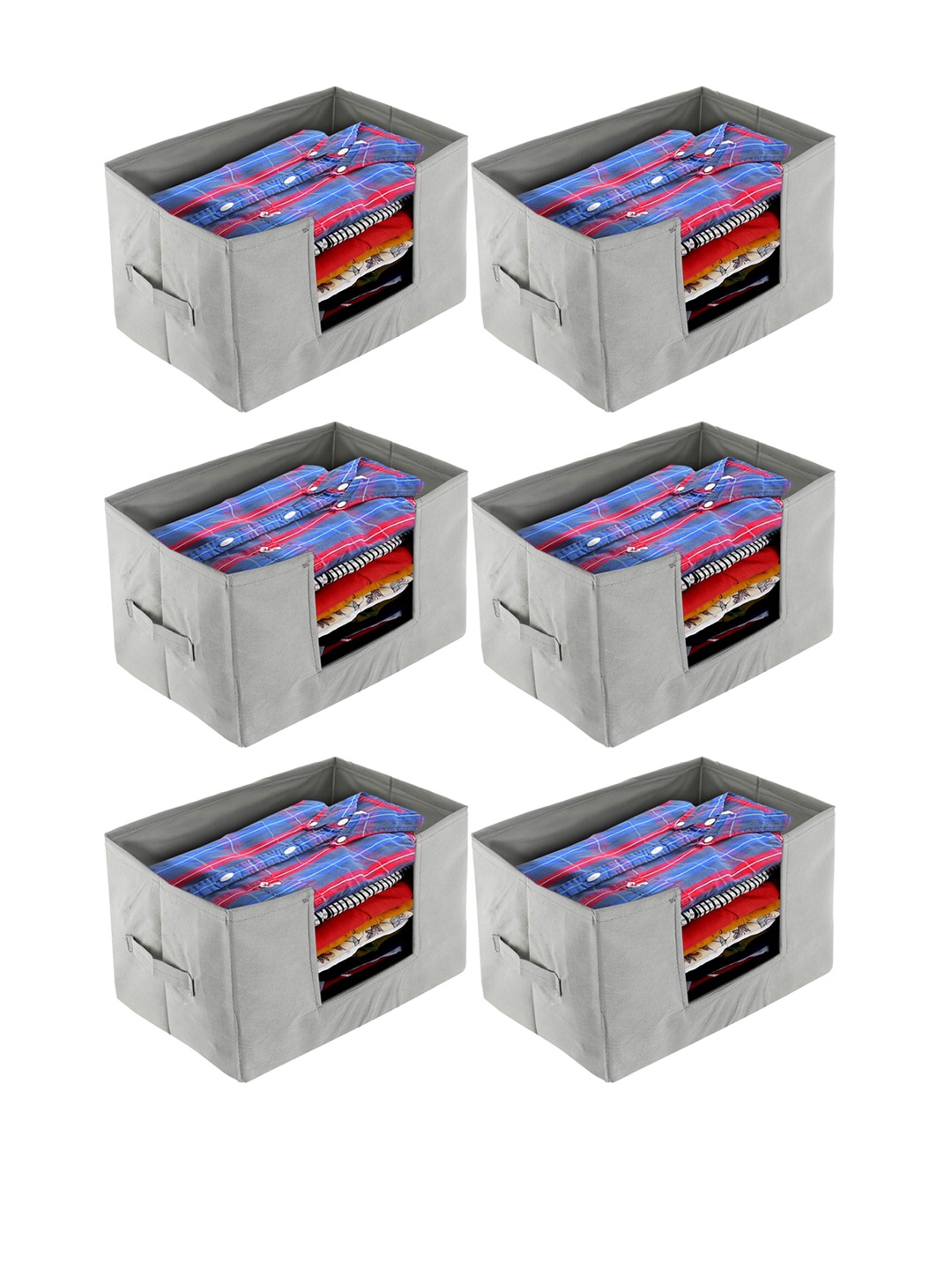 

Kuber Industries Set Of 6 Grey Solid Shirt Stacker Organisers With Handles