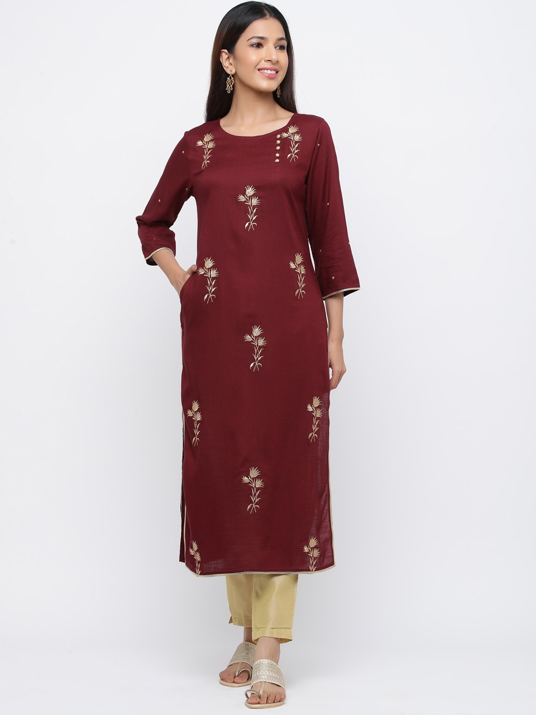 

Jaipur Kurti Women Maroon Embroidered Straight Kurta