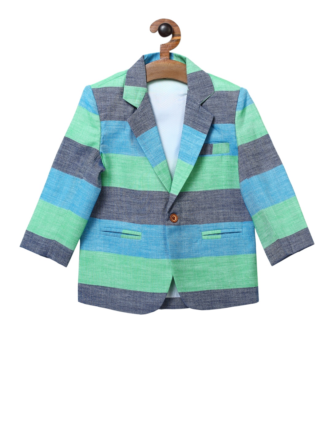 

RIKIDOOS Boys Blue & Green Striped Single-Breasted Casual Blazer