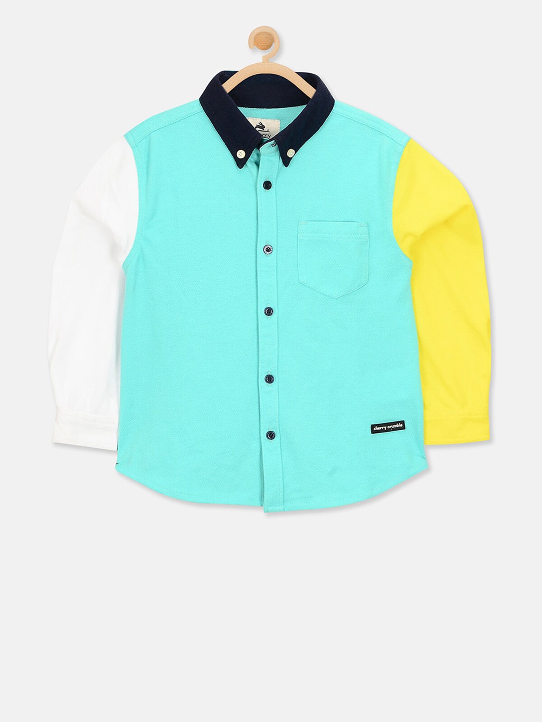 

Cherry Crumble Kids Turquoise Blue & White Regular Fit Colourblocked Casual Shirt