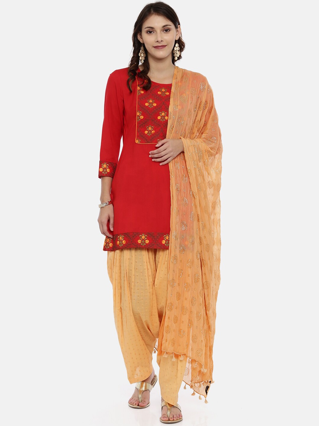 

Souchii Beige & Gold Foil Print Dupatta with Tasselled Border