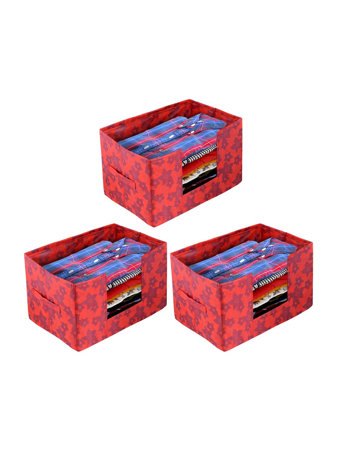 Kuber Industries Set Of 3 Red Metallic Printed Shirt Stacker Organisers With Handles