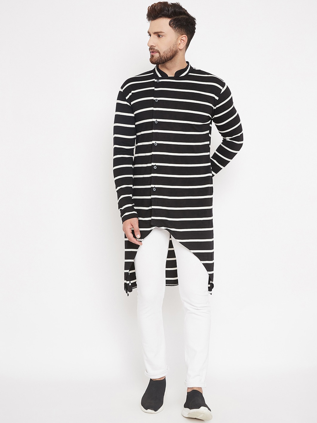 

CHILL WINSTON Men Black & White Striped Straight Kurta