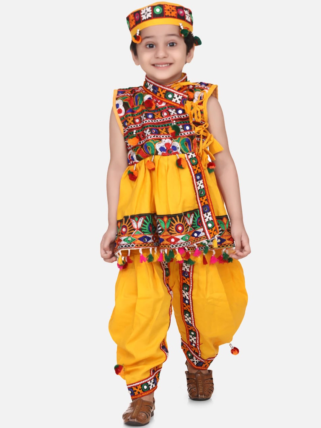 BownBee Boys Multicoloured Embroidered Kurta with Dhoti Pants & Cap, Multi