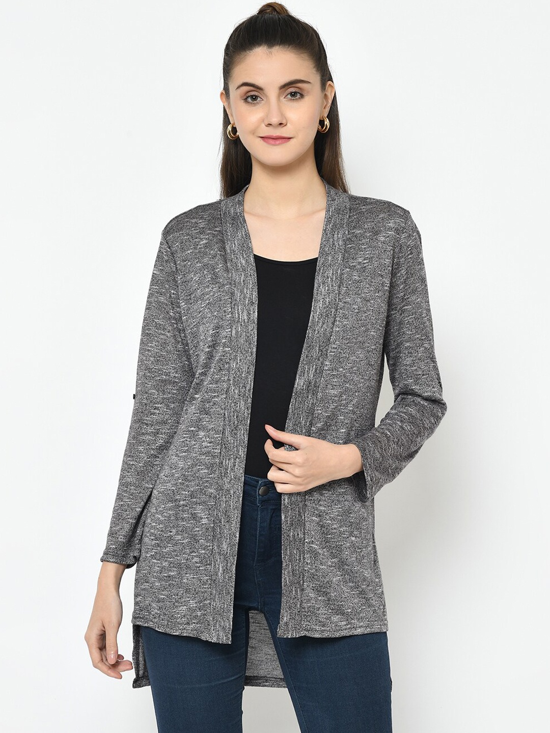 

Latin Quarters Women Grey Self Design Open Front Shrug