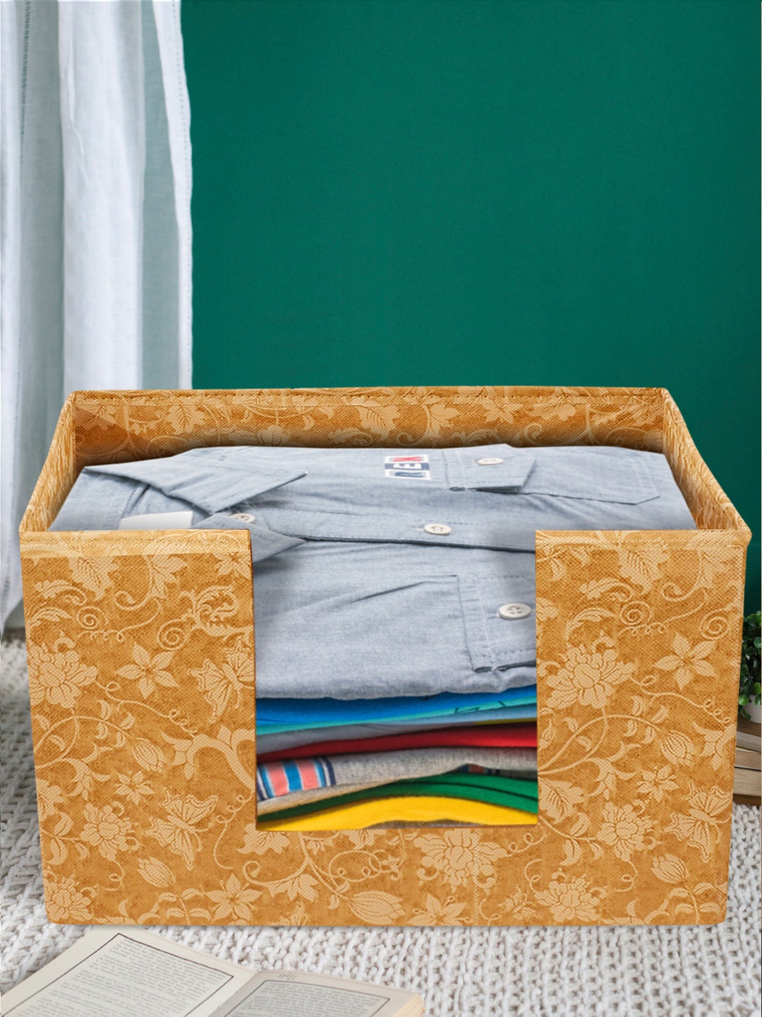 

Kuber Industries Beige Metallic Printed Shirt Stacker Organiser With Handle