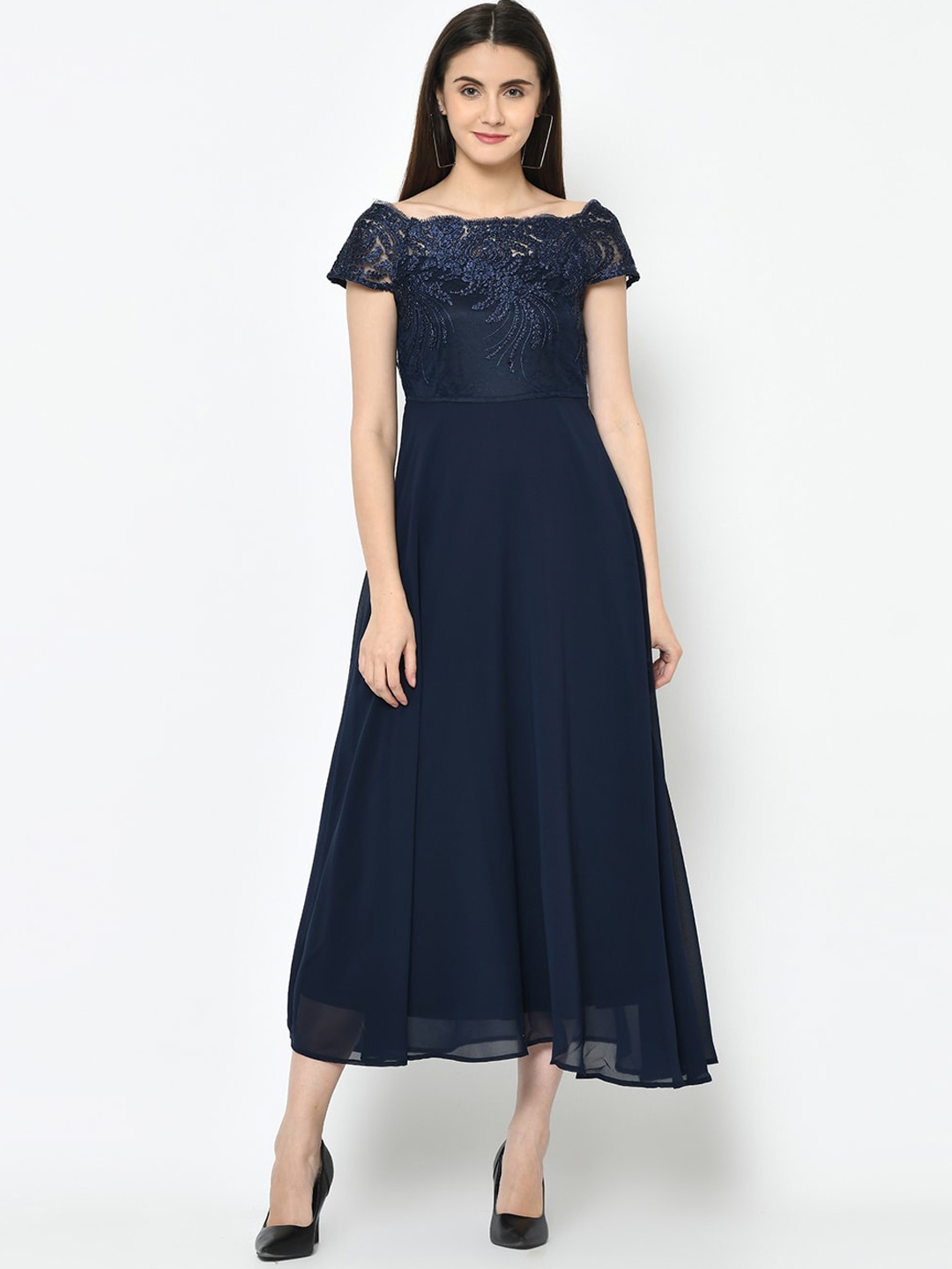 

Latin Quarters Women Navy Blue Embroidered Lace Off-Shoulder Maxi Dress