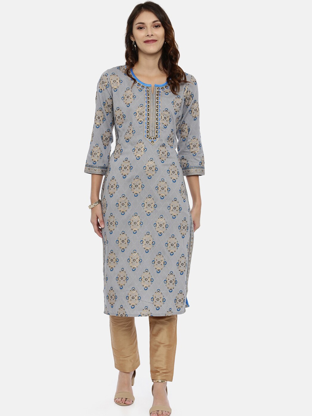 

Souchii Women Grey & Gold Printed Straight Kurta