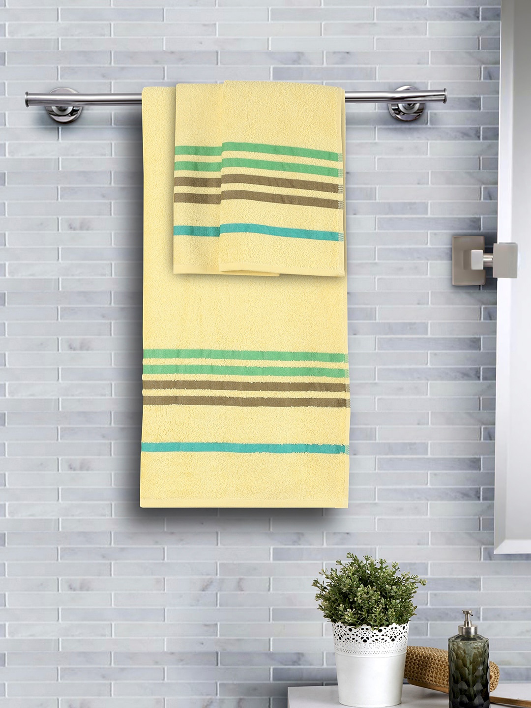 

MASPAR Unisex Set Of 3 Yellow & Green Striped Supersoft 450 GSM Towels