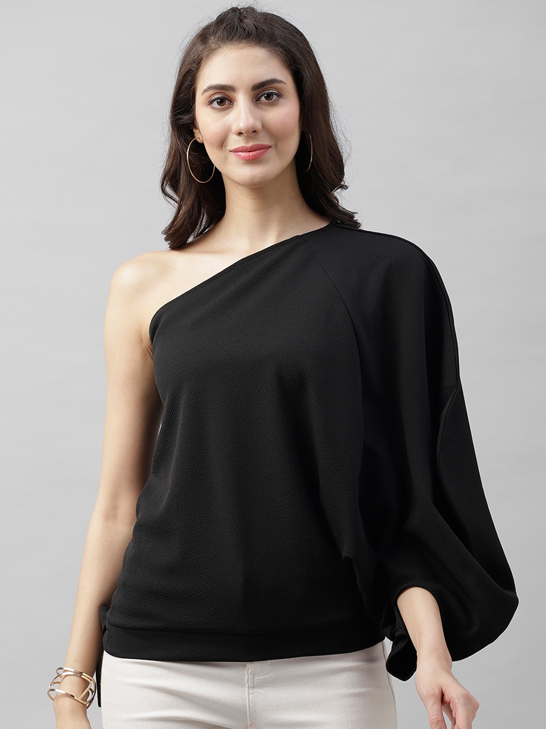 

Athena Women Black Solid One Shoulder Top with Side Knot Detail