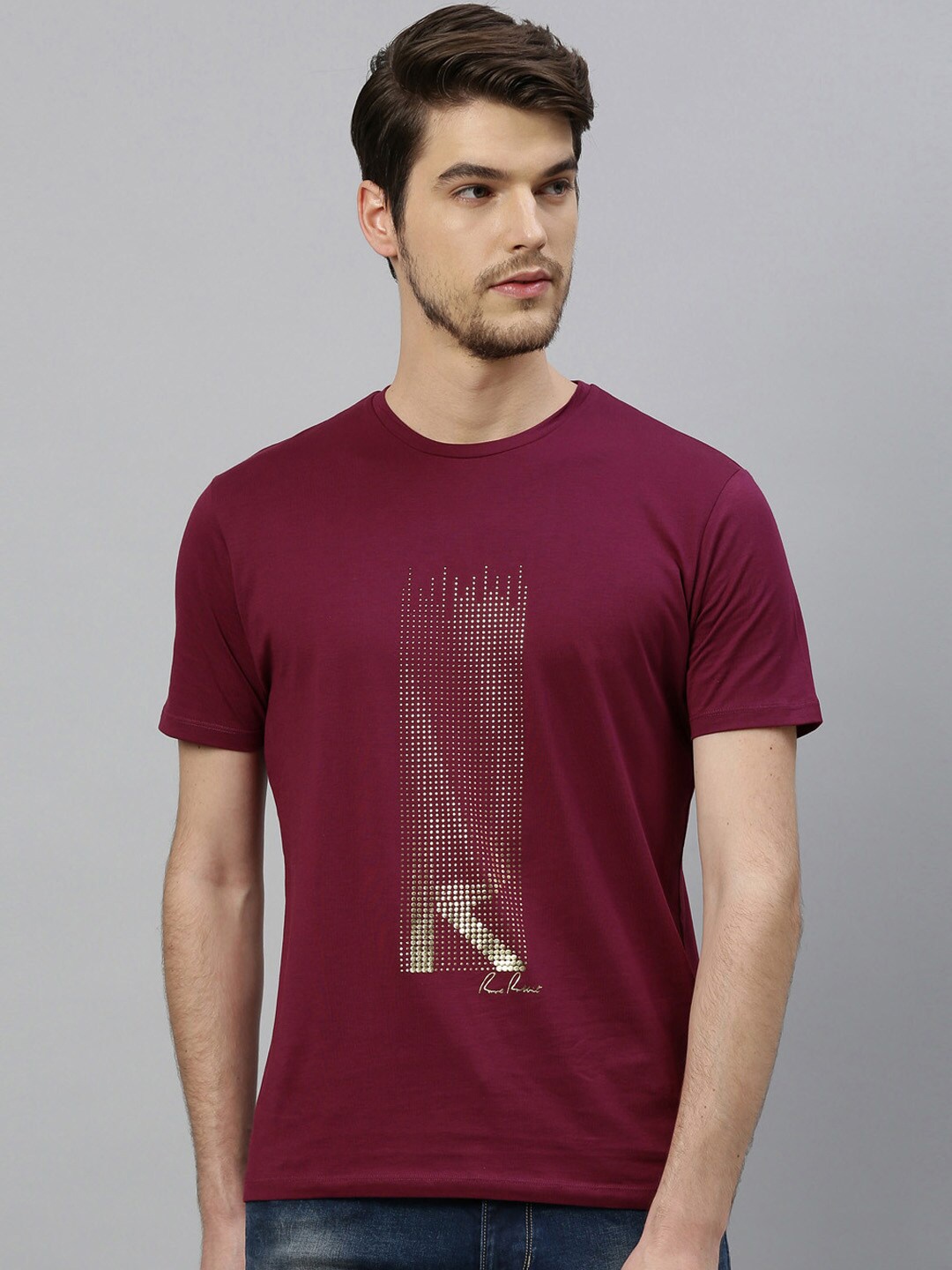 

RARE RABBIT Men Dotter Slim Fit Printed Round Neck T-Shirt, Maroon