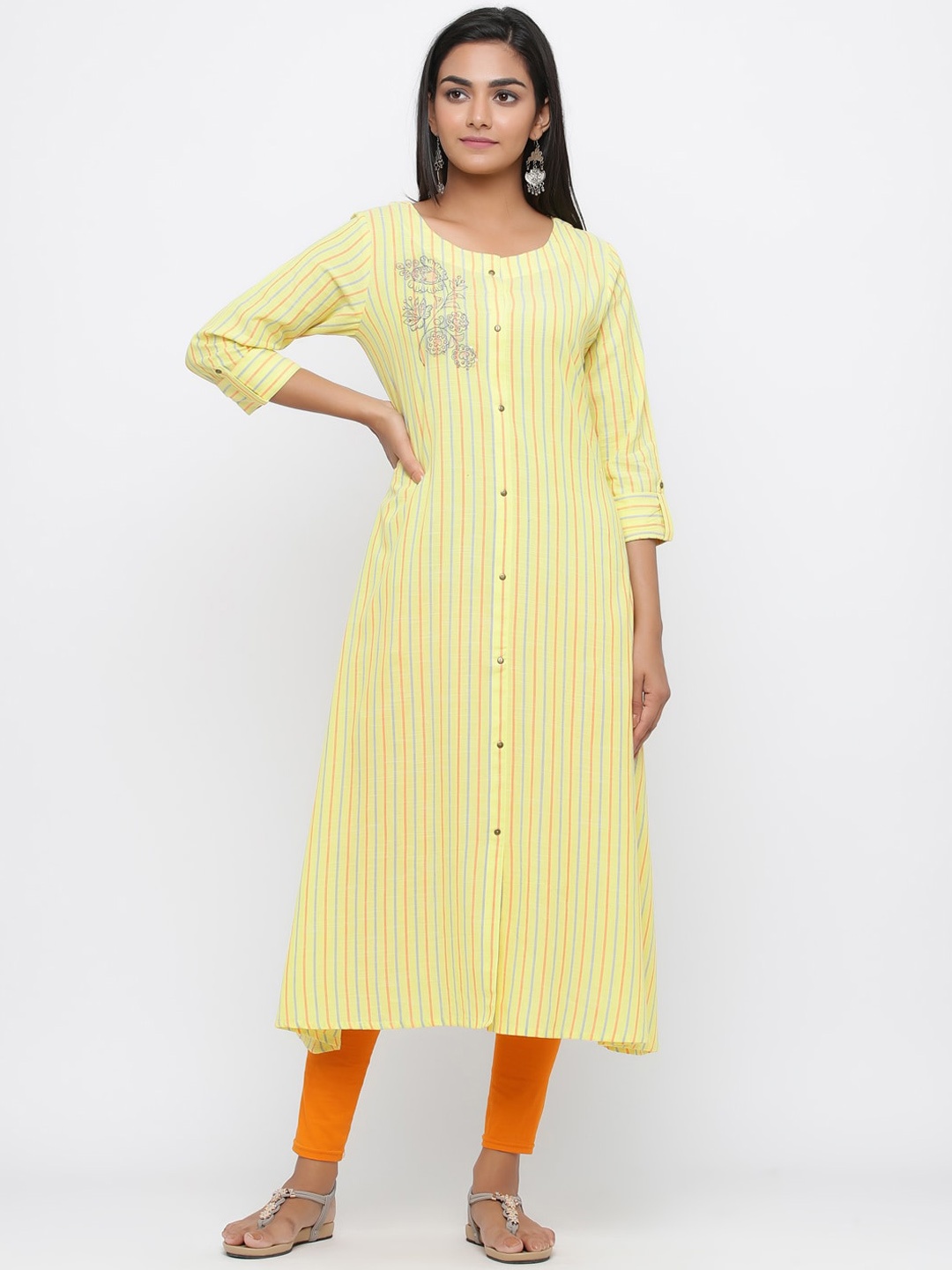 

Silai Bunai Women Yellow & Orange Striped A-Line Kurta