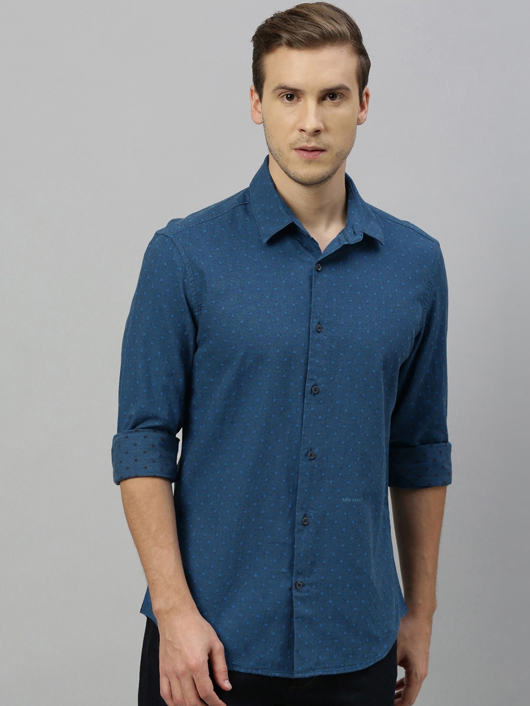 

RARE RABBIT Men Blue Tailored Fit Self Design Casual Shirt