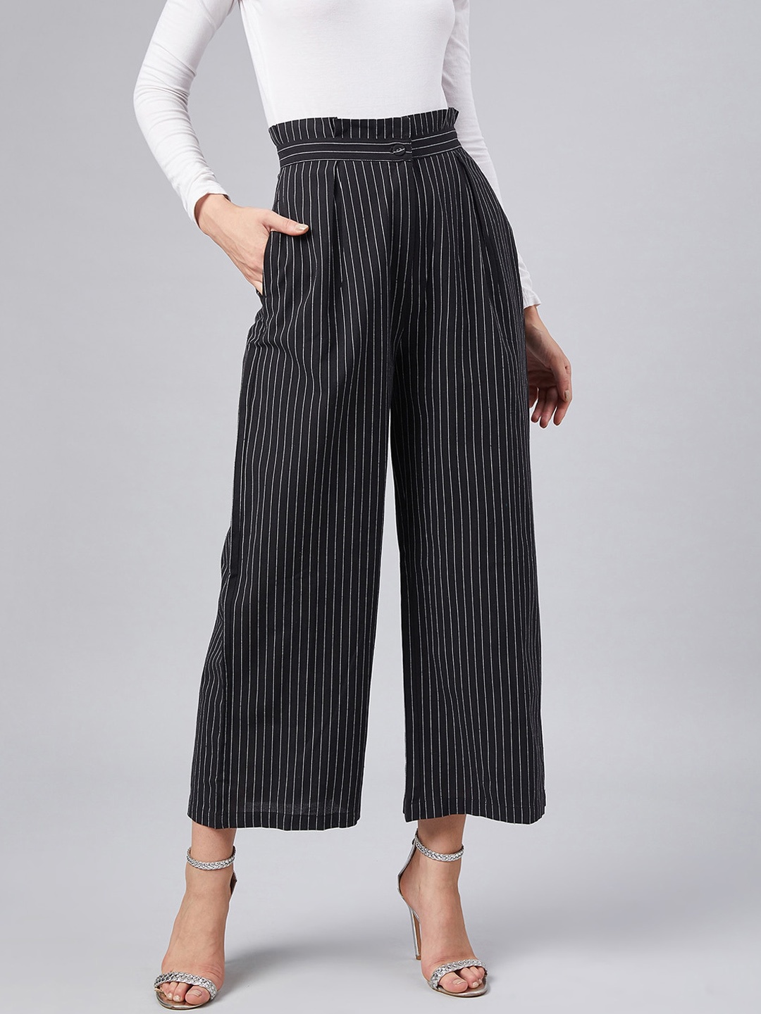 

Marie Claire Women Black & White Regular Fit Striped Trousers
