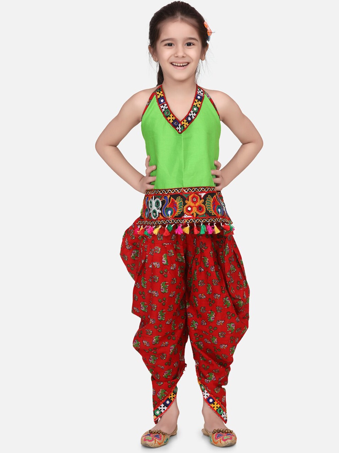 

BownBee Girls Green & Red Ikat & Mirrorwork Top with Dhoti Pants
