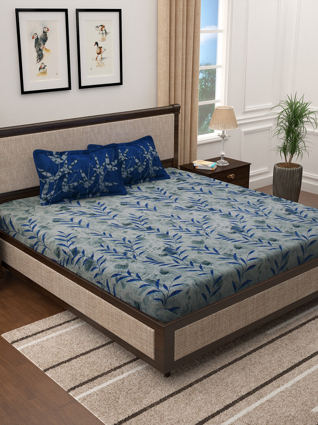 

Story@home Grey & Blue Floral 300 TC Cotton 1 King Bedsheet with 2 Pillow Covers