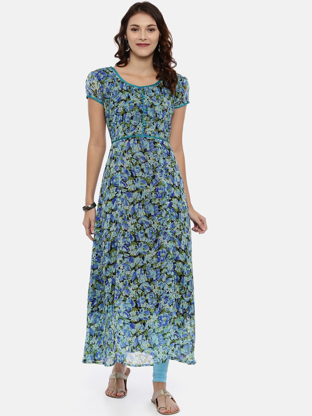 Souchii Women Blue & Green Printed A-Line Kurta