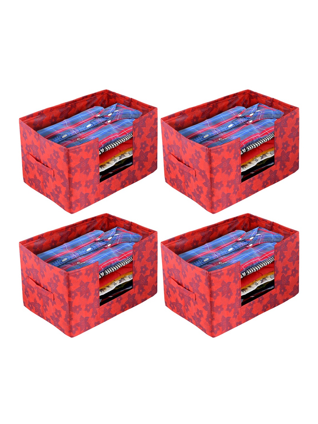 

Kuber Industries Set Of 4 Red Metallic Printed Shirt Stacker Organisers With Handles