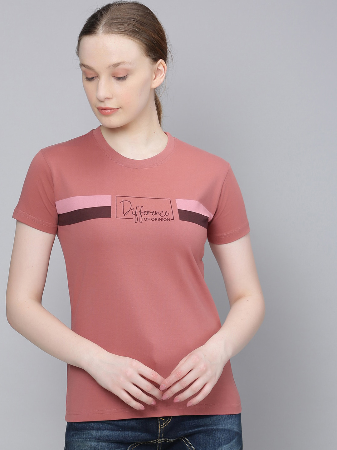 

Difference of Opinion Women Pink Printed Round Neck Pure Cotton T-shirt
