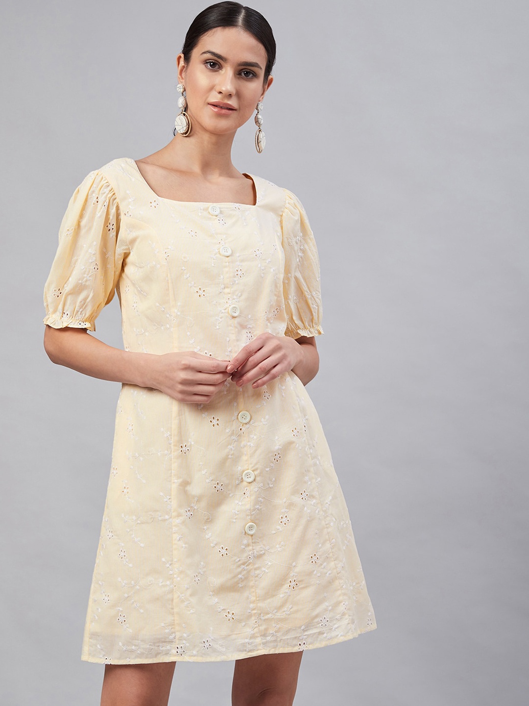 

Marie Claire Women Yellow Schiffli Embroidered A-Line Dress