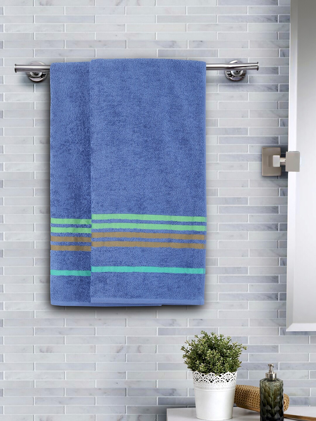 

Maspar Unisex Blue & Green Set of 2 Striped Supersoft 450 GSM Bath Towel