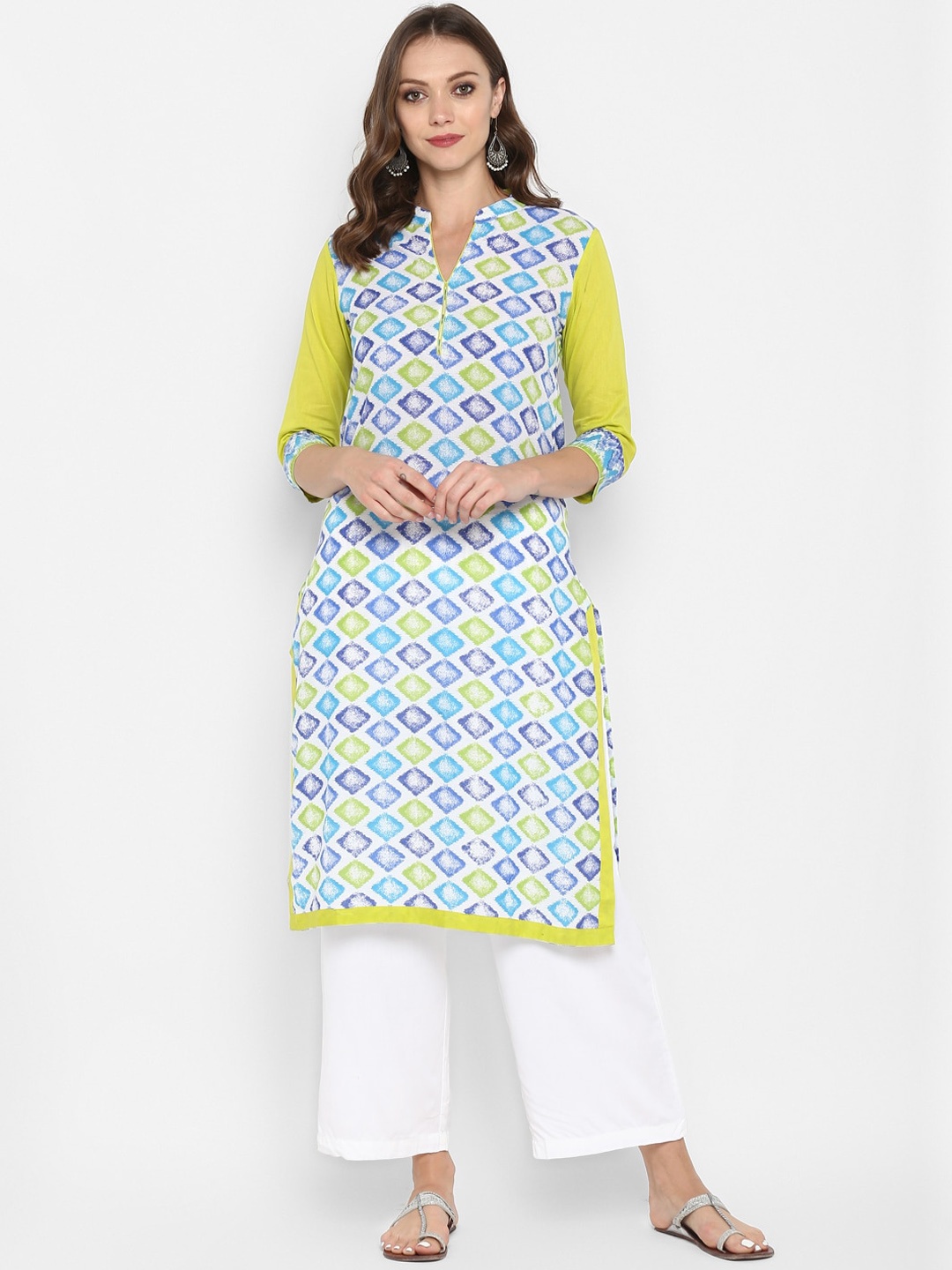 

Aprique FAB Women White & Green Printed Straight Kurta