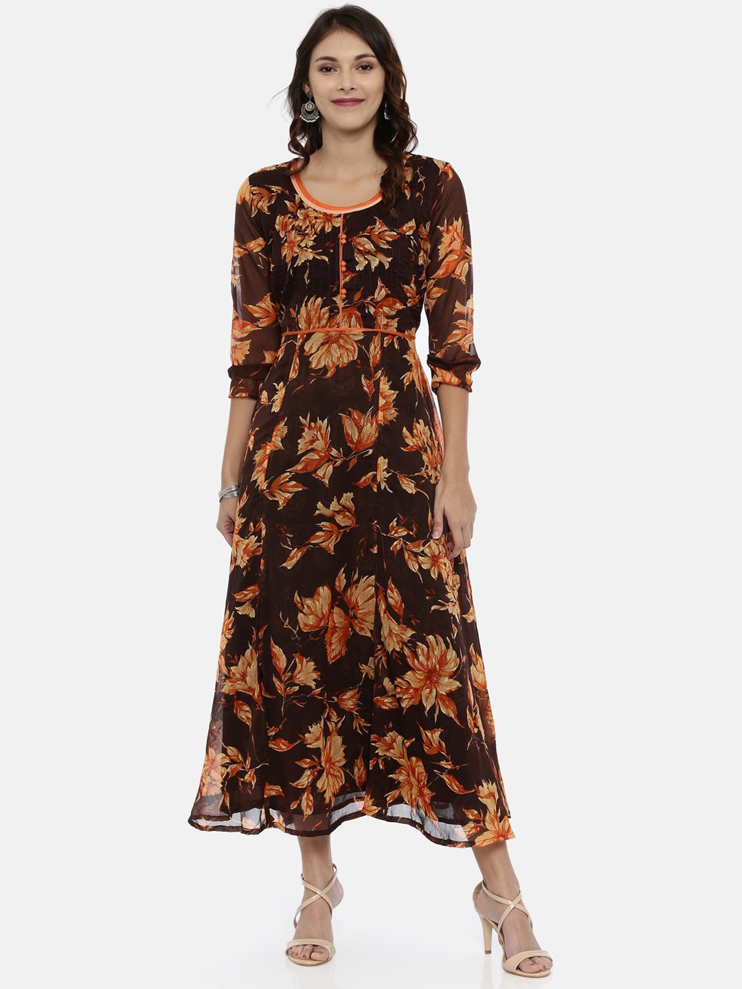 

Souchii Women Brown & Orange Floral Printed Chiffon Maxi Dress