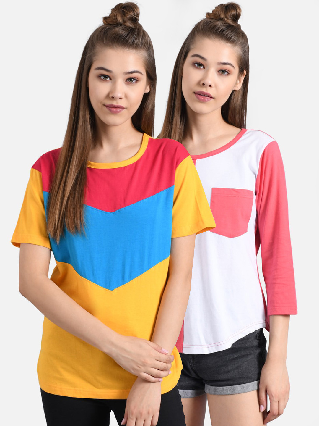 

Kotty Women Multicoloured Pack of 2 Colourblocked Round Neck T-shirt, Multi