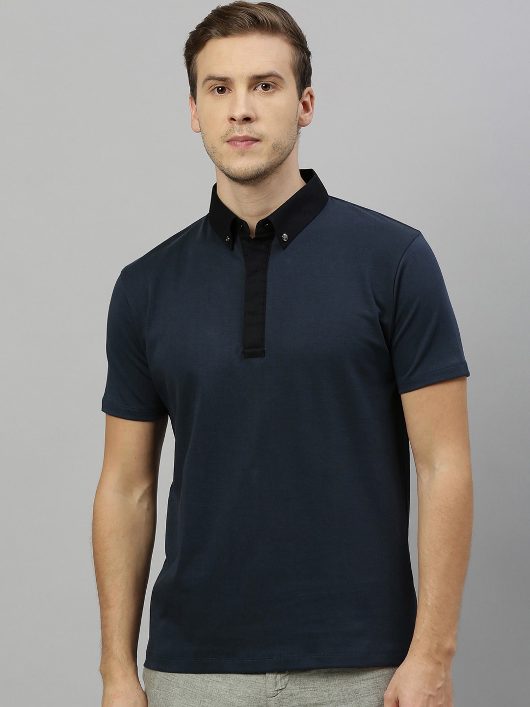 

RARE RABBIT Men Navy Blue Solid Polo Collar T-shirt