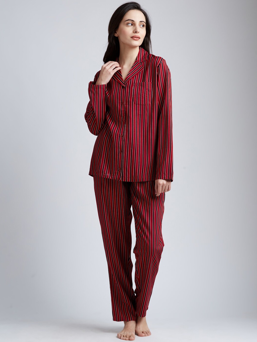 DRAPE IN VOGUE Women Red & Black Striped Night Suit