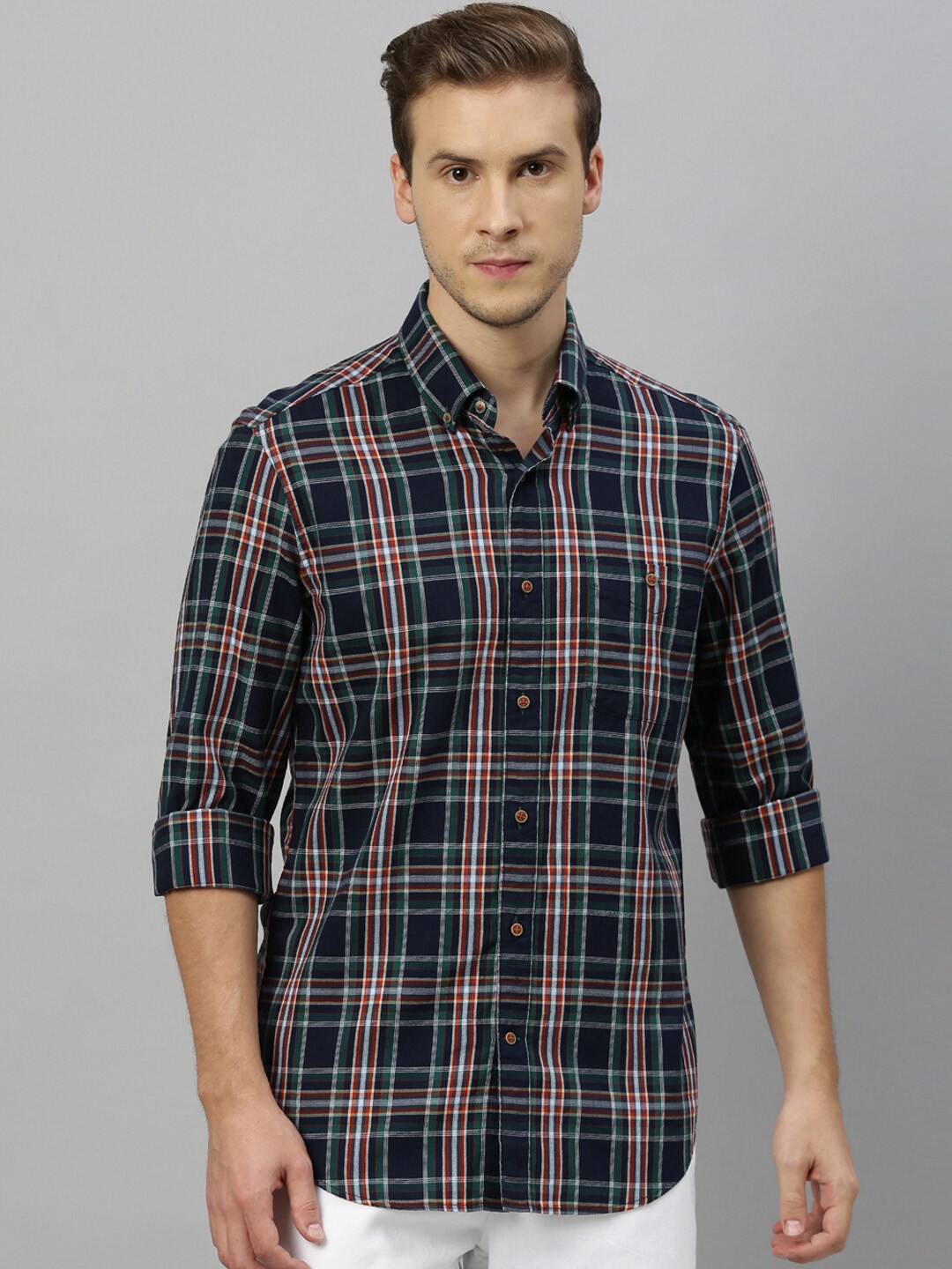 

RARE RABBIT Men Navy Blue & Pink Tailored Fit Checked Casual Shirt
