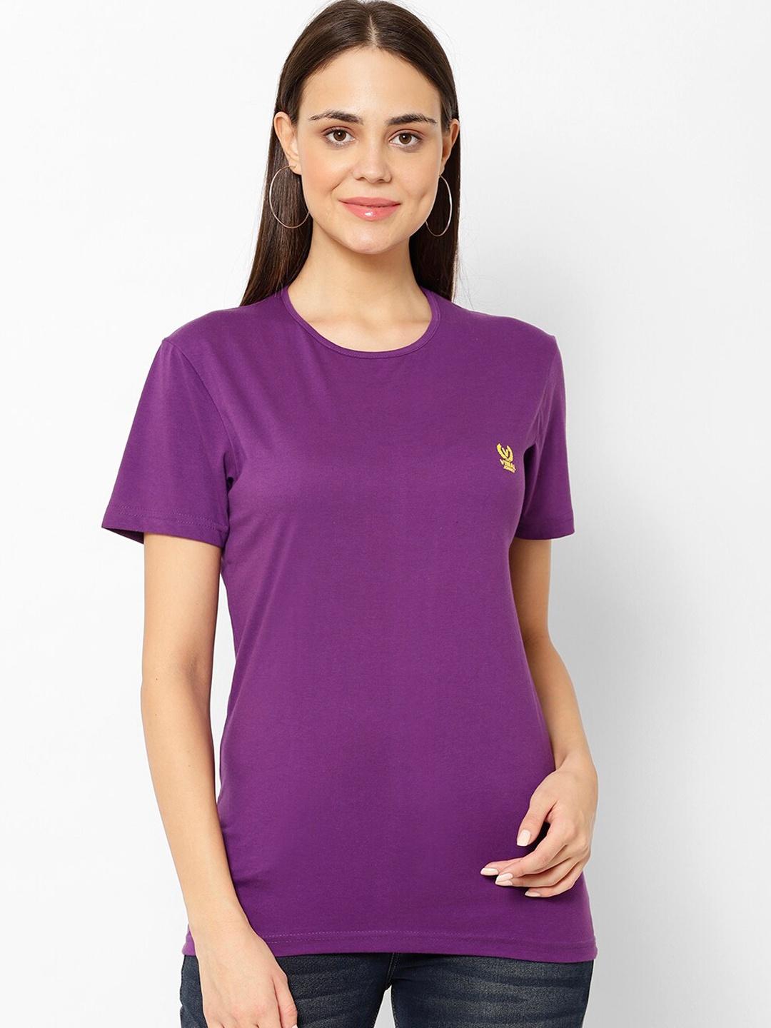 

MACK JONNEY Women Purple Solid Round Neck T-shirt