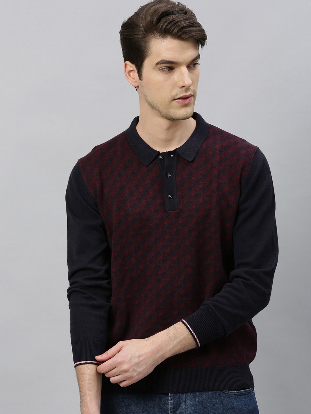 

RARE RABBIT Men Maroon Self Design Polo Collar T-shirt