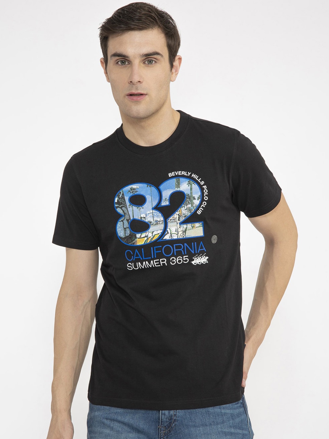 

Beverly Hills Polo Club Men Black & Blue Printed Round Neck T-shirt