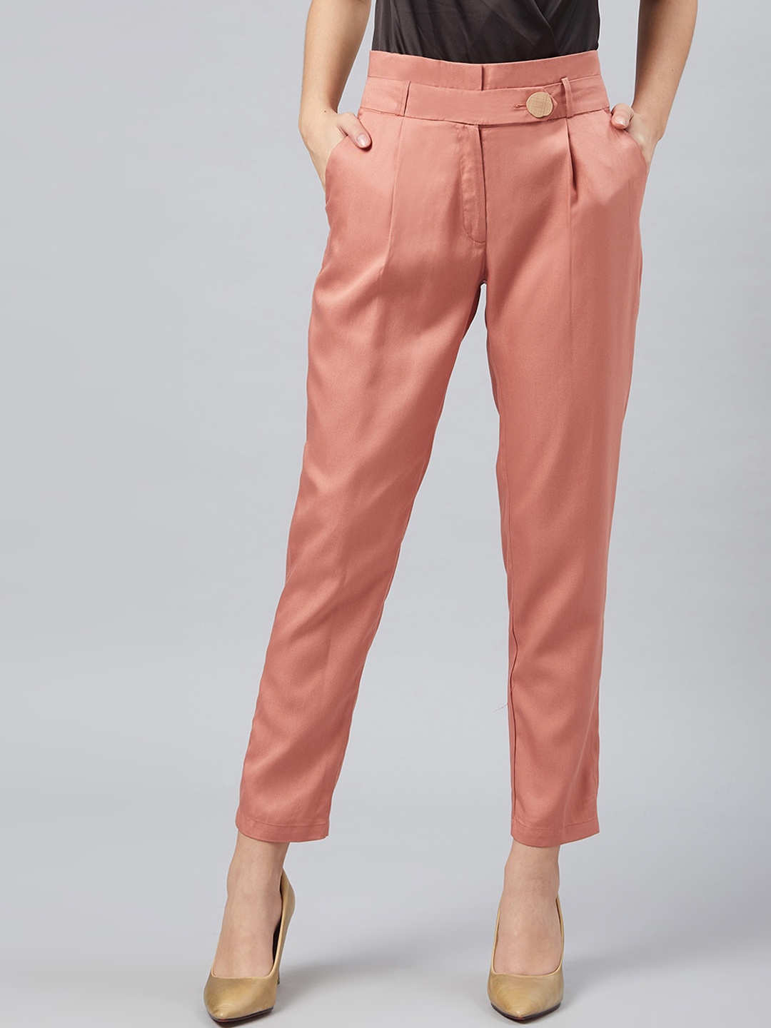 

Marie Claire Women Peach-Coloured Solid Regular Trousers