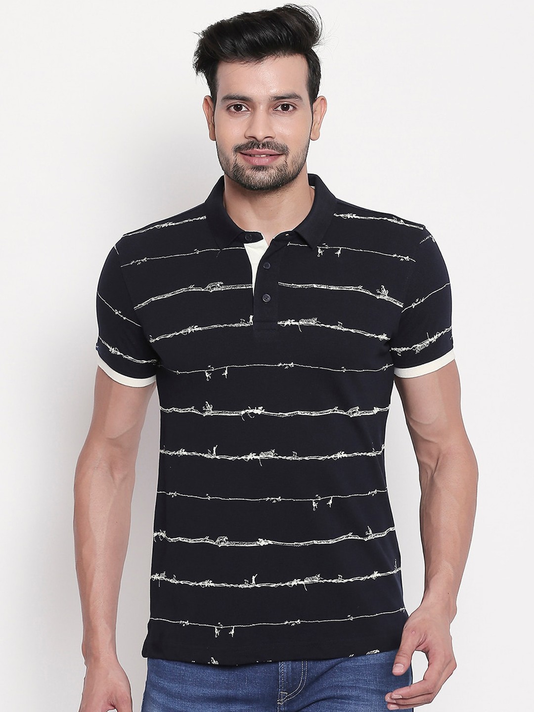 

SPYKAR Men Navy Blue & White Printed Polo Collar T-shirt