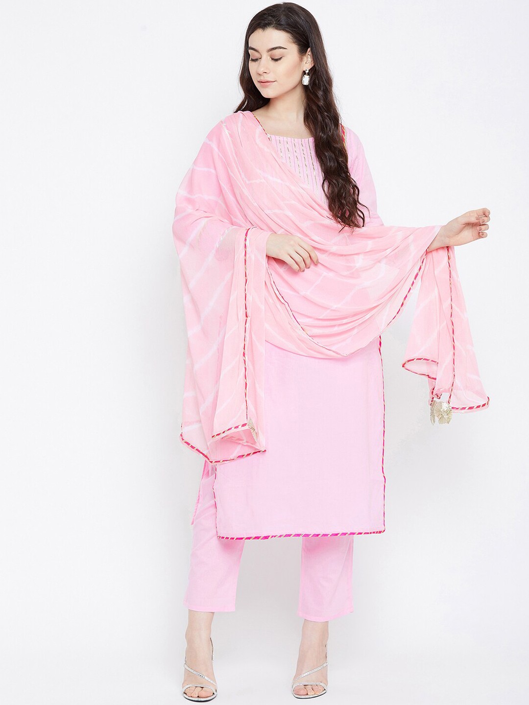 

Prakhya Women Pink Self Design Kurta with Trousers & Dupatta