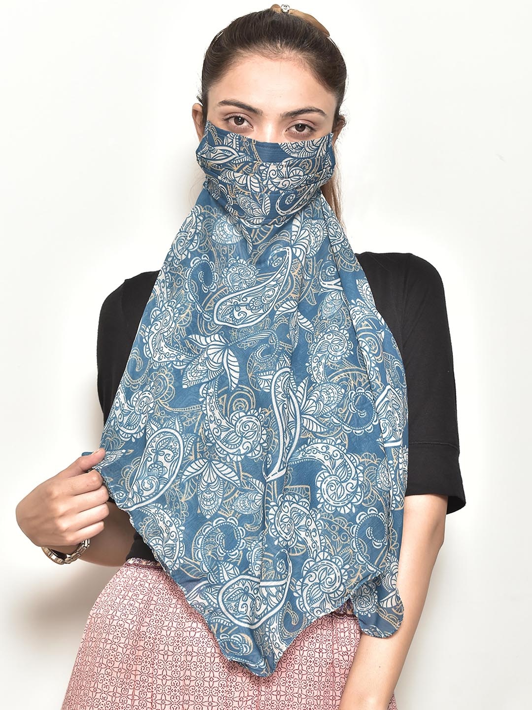 

SWAYAM Women Blue Printed 3-Ply Outdoor Protective Scarf Style Face Mask