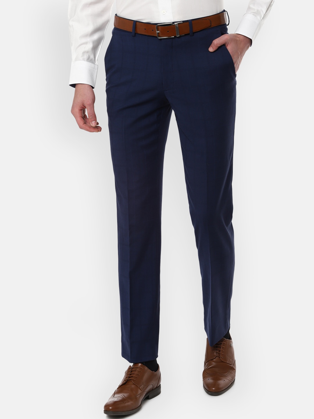 

Luxure by Louis Philippe Men Navy Blue Checked Regular Fit Formal Trousers