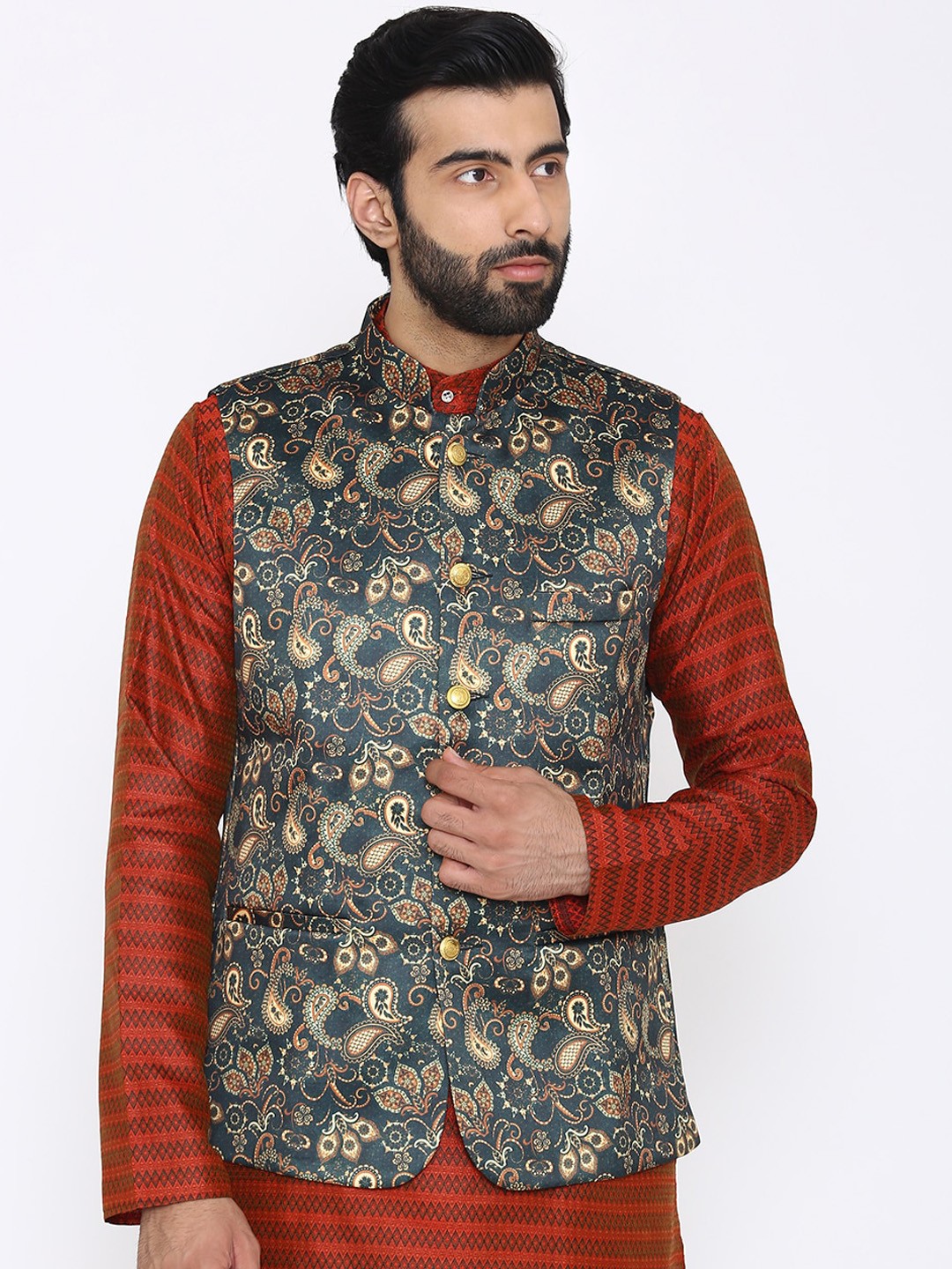 

Wintage Men Blue & Beige Woven Design Satin Nehru Jacket