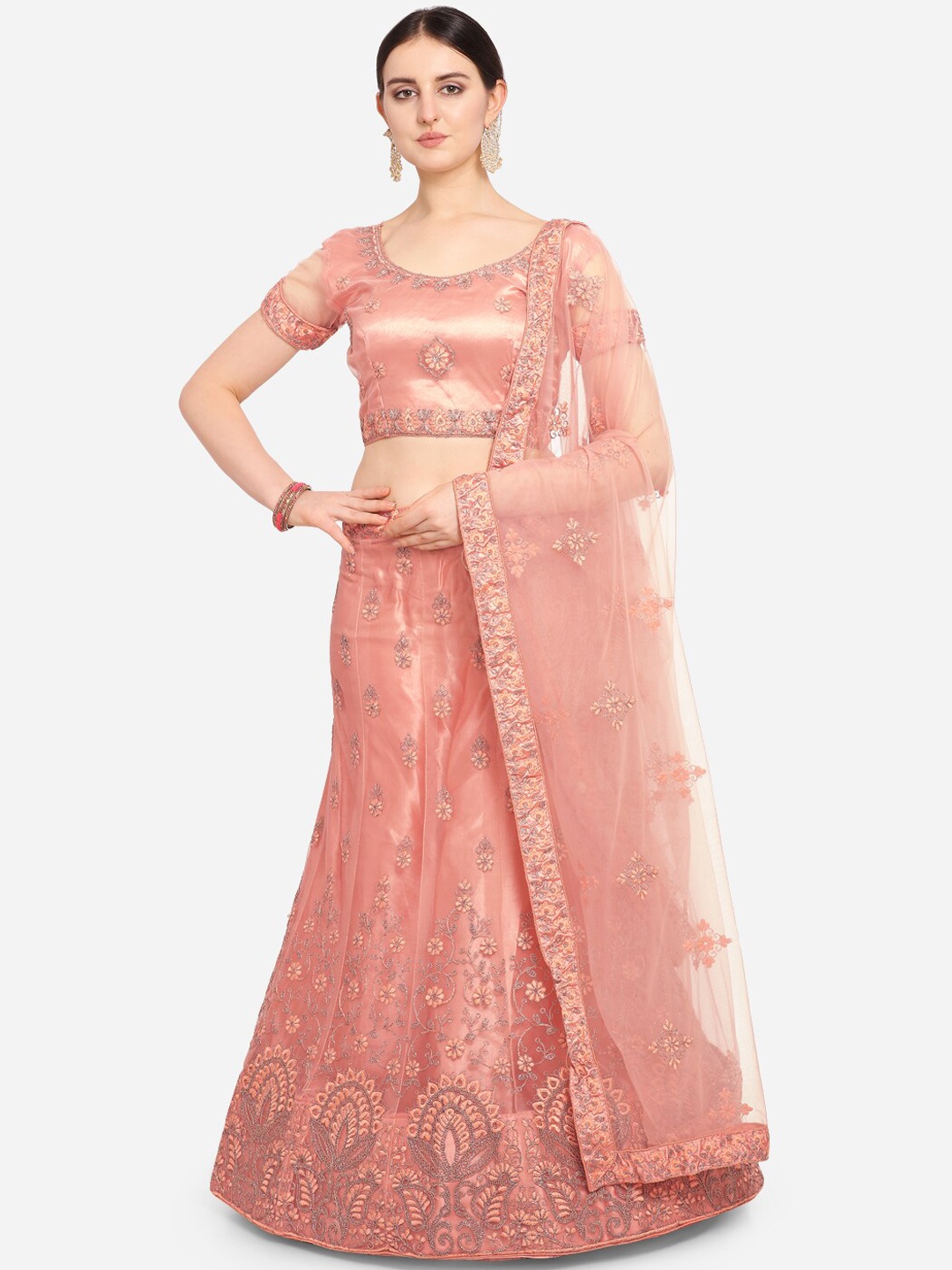 

VRSALES Coral Pink Semi-Stitched Lehenga & Blouse with Dupatta