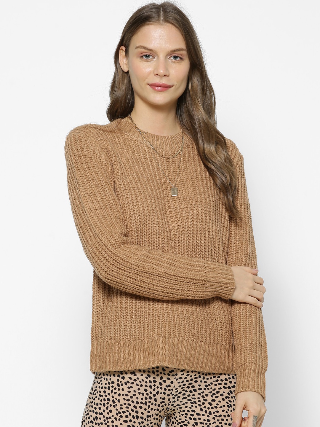 FOREVER 21 Women Brown Ribbed Pullover Sweater
