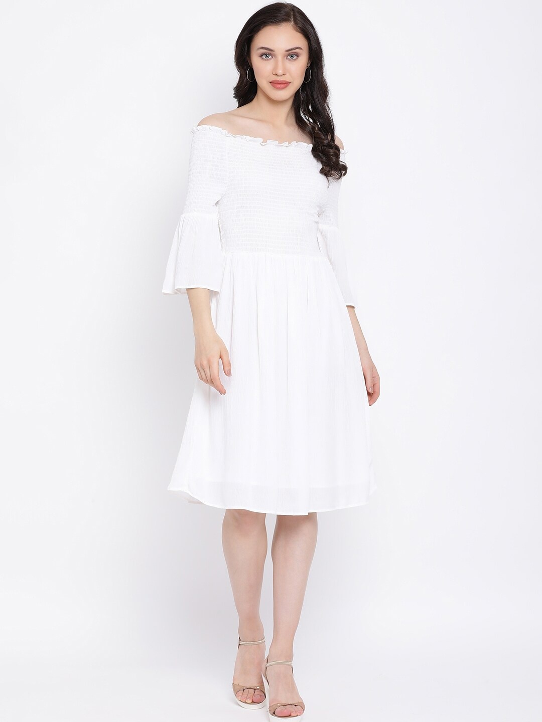 

Oxolloxo Women White Solid Fit and Flare Smocked Dress