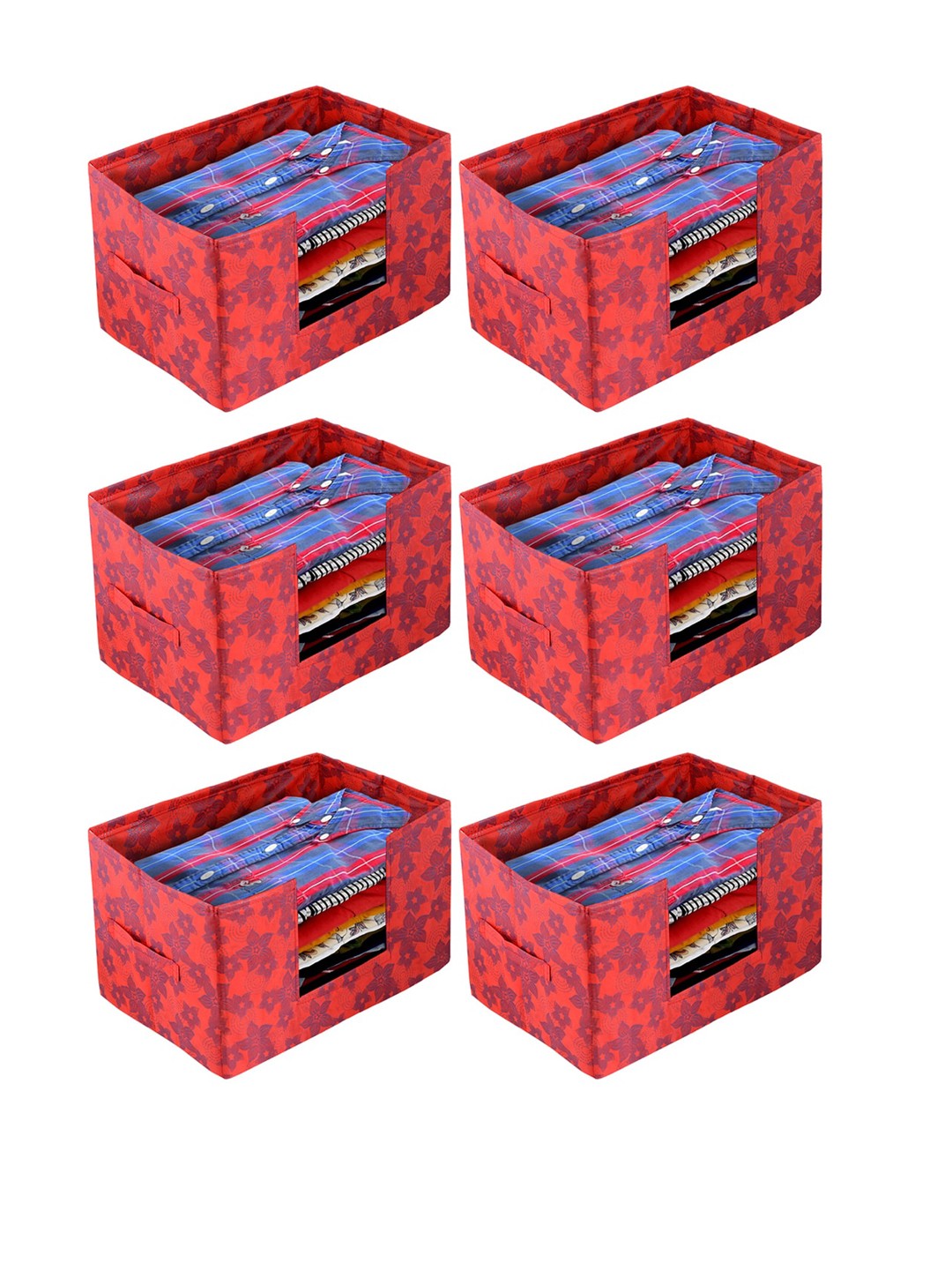 Kuber Industries Set Of 6 Red Metallic Printed Shirt Stacker Organisers With Handles