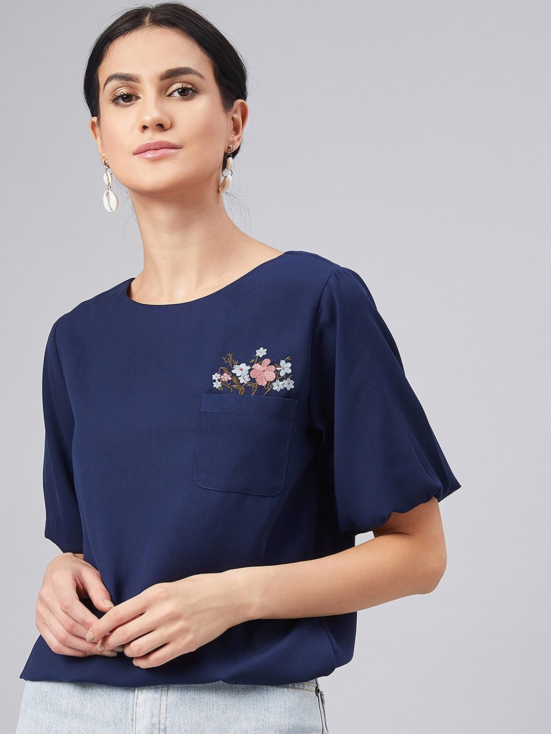 

Marie Claire Women Navy Blue Solid Top