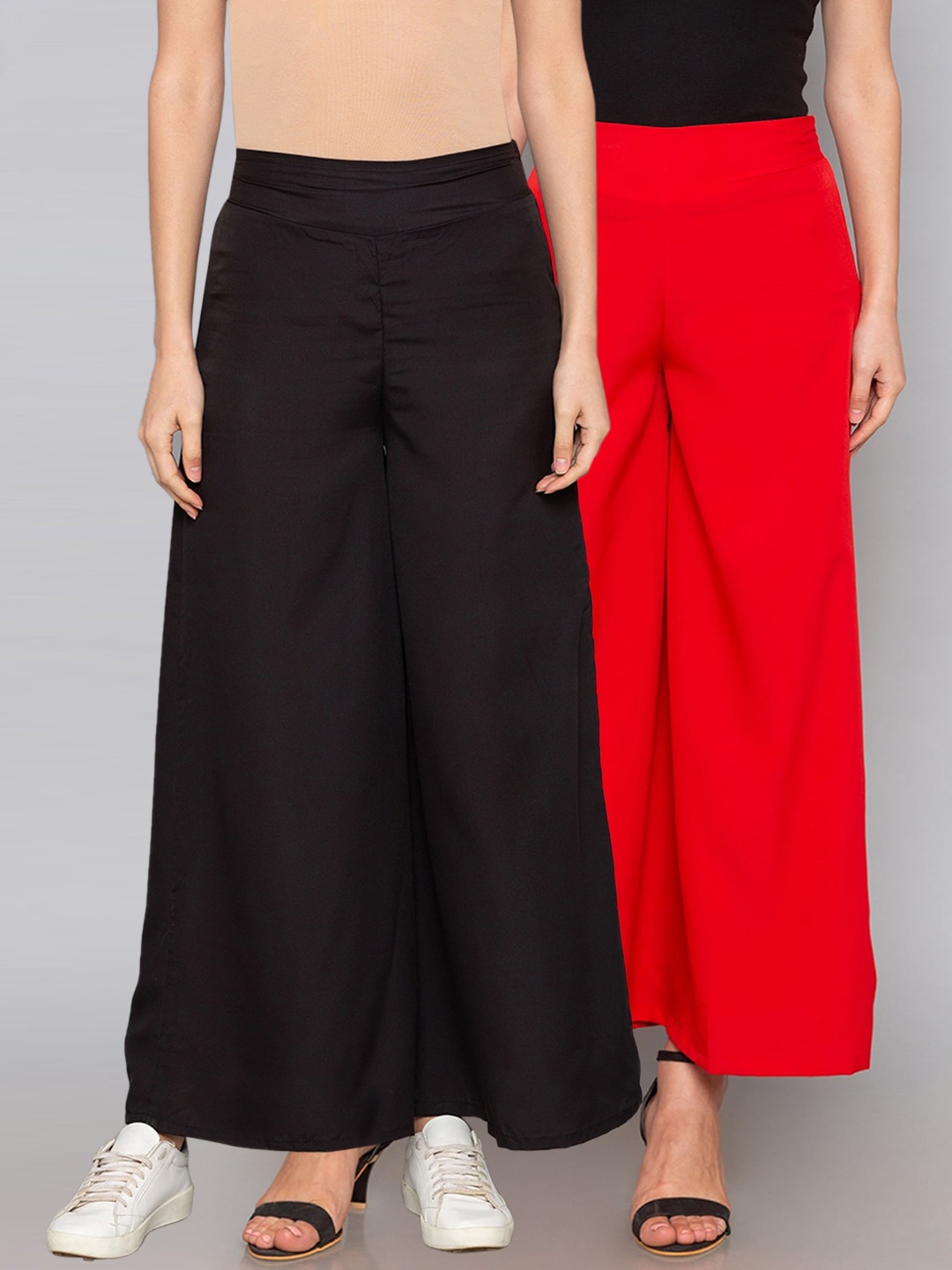 

Desi Weavess Women Red & Black Pack of 2 Solid Wide Leg Palazzos