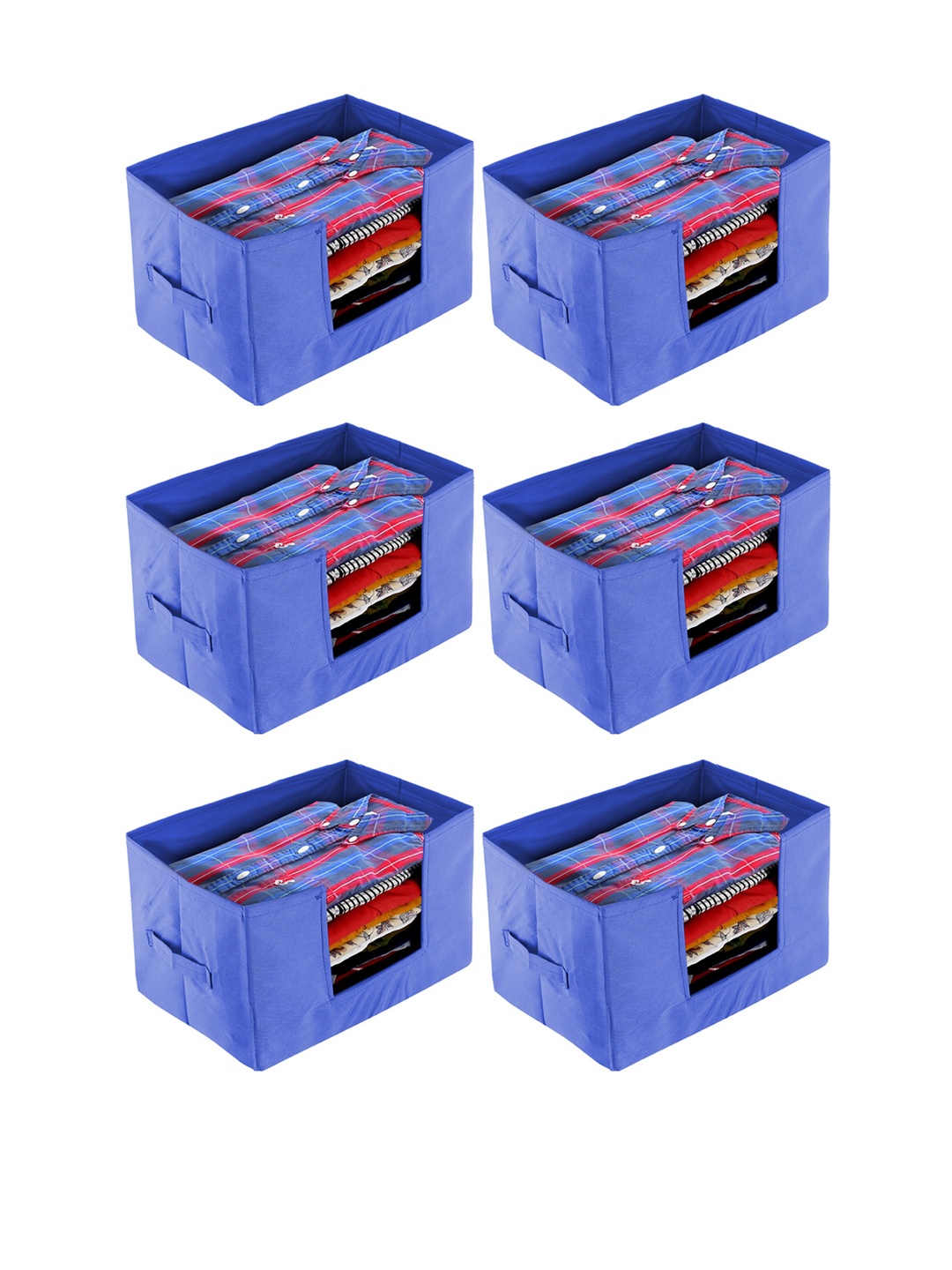 

Kuber Industries Set Of 6 Blue Solid Shirt Stacker Organisers With Handles