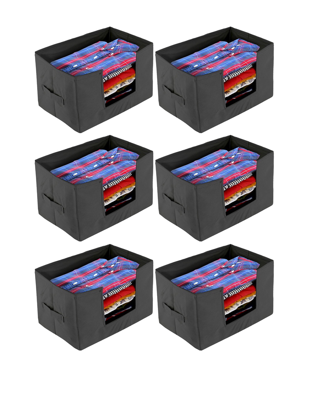 

Kuber Industries Set Of 6 Black Solid Shirt Stacker Organisers With Handles