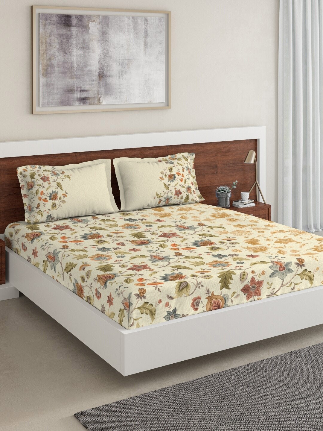 

DDecor Beige & Yellow Floral 140 TC Cotton 1 King Bedsheet with 2 Pillow Covers