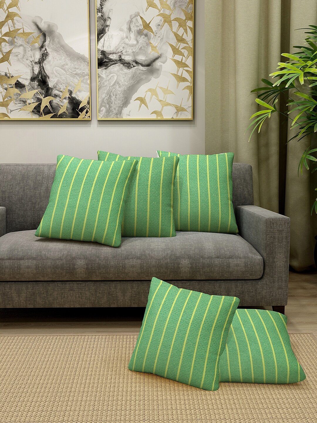 KLOTTHE Green & Yellow Set of 5 Striped Square Cushion Covers